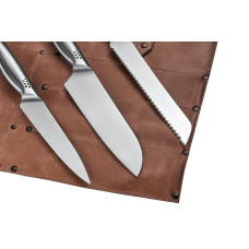 Mergel Leder-Messertasche für drei Messer (Crazy Walnut), in Holz-Geschenkbox