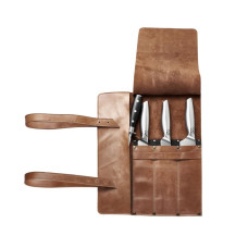 Mergel Leder-Messertasche für drei Messer (Crazy Walnut), in Holz-Geschenkbox